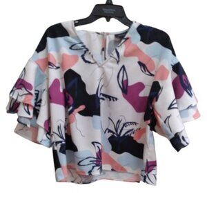 Halogen floral cropped flutter sleeve blouse top shirt